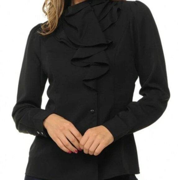 Sweet Habit Ruffle Button Down Casual Long Sleeve Black Blouse - Picture 1 of 5